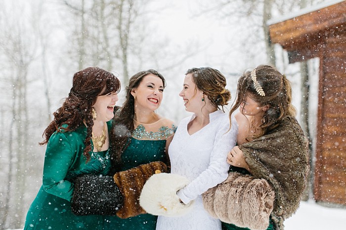 Bridesmaids in green | Frozen Winter Utah Mountain Wedding | Meg Ruth Photo