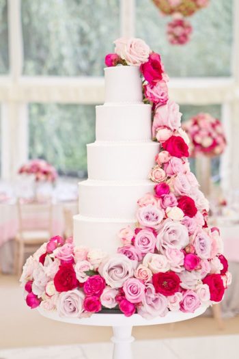 Rose filled wedding cake | via bridal musings