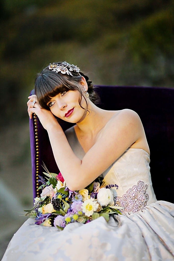 Bride In Purple Velvet Chair | Aspen Gold Utah Wedding Inspiration | Pepper Nix Photography | Via MountainsideBride.com