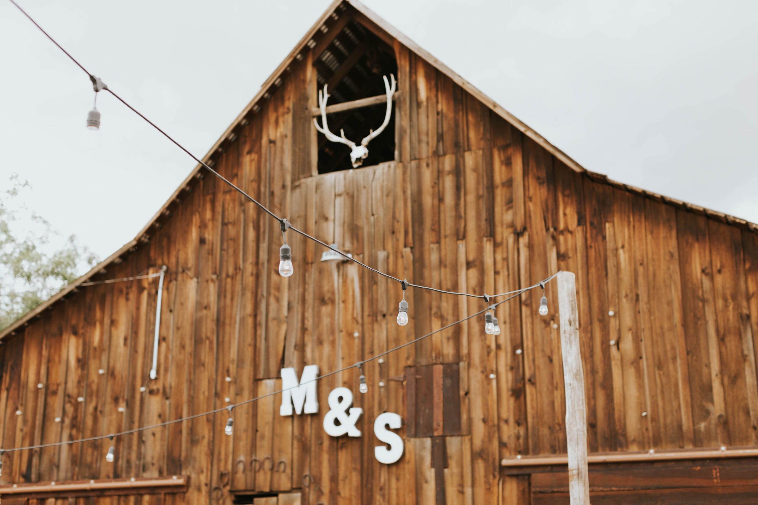barn with couple's initials and bow antlers in a rustic mountain wedding
